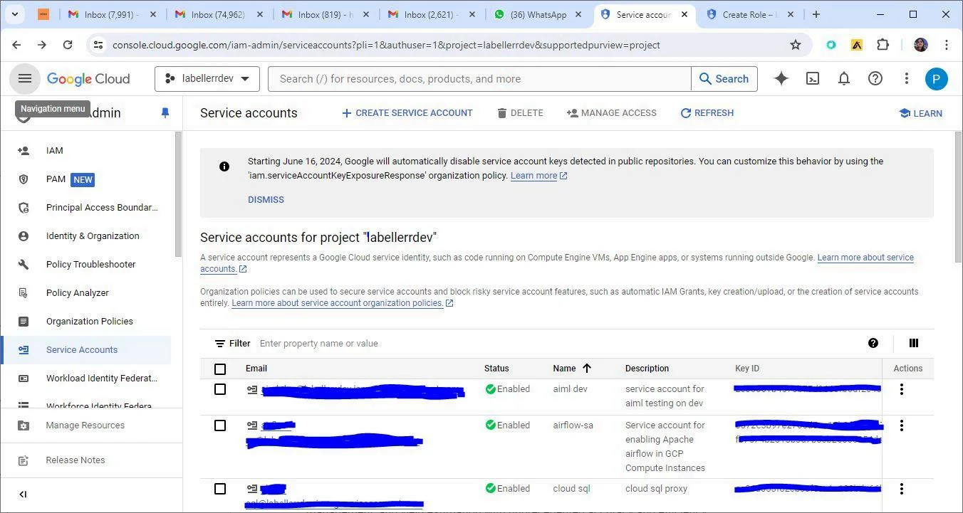 GCS service accounts console
