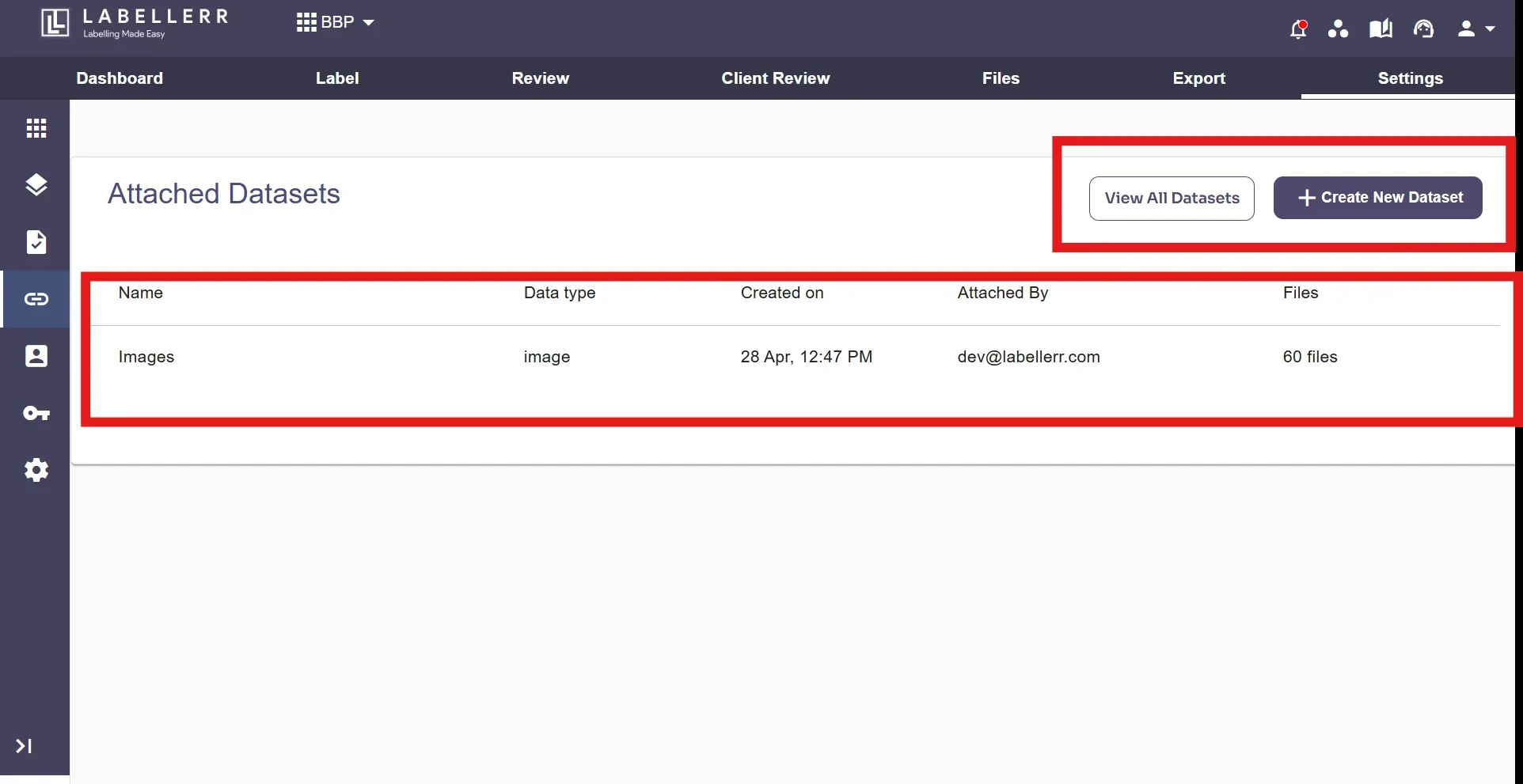 Create new dataset button