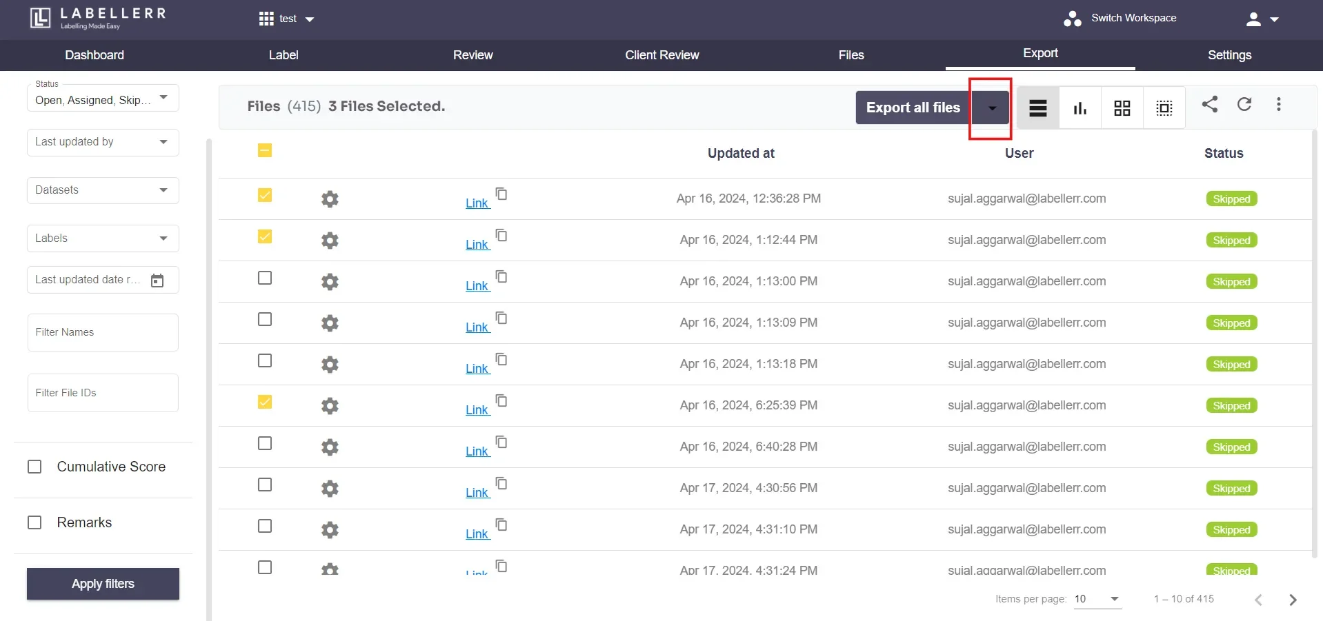 Export All Files Dropdown