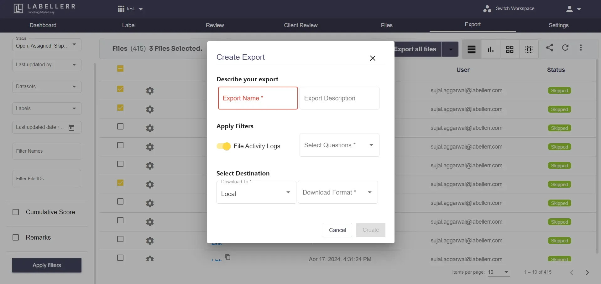 Export Details Popup