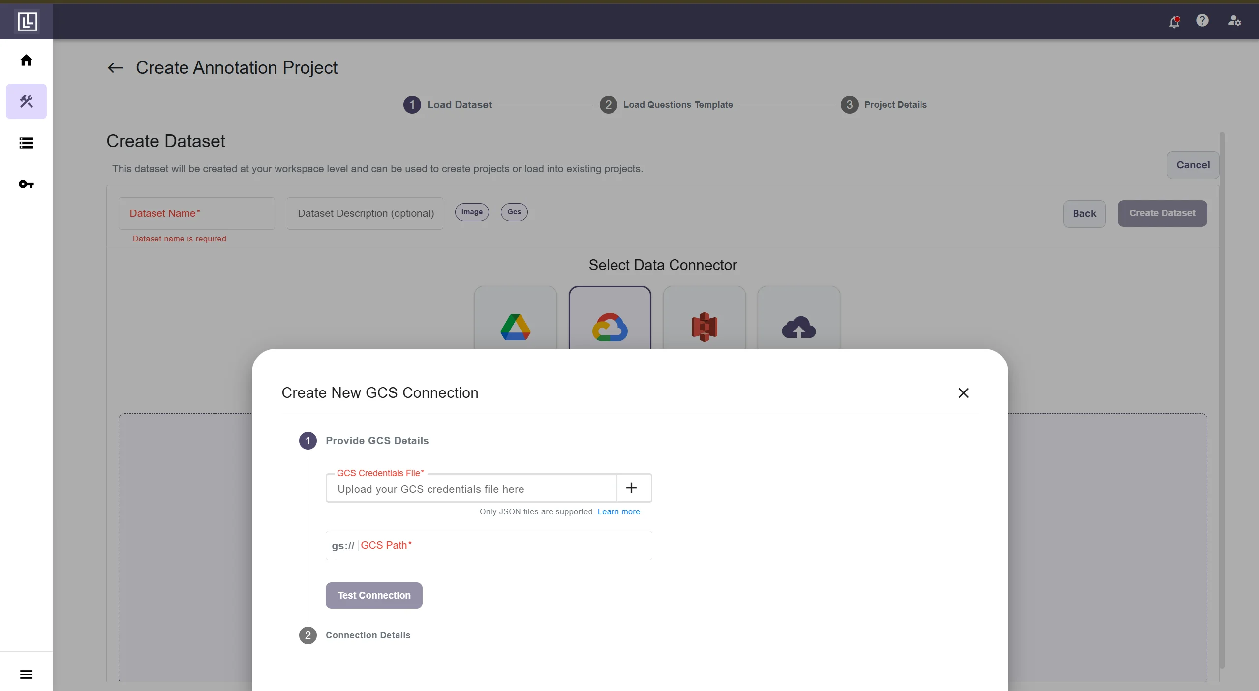 GCS connection form
