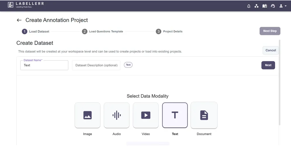 Create text project screen
