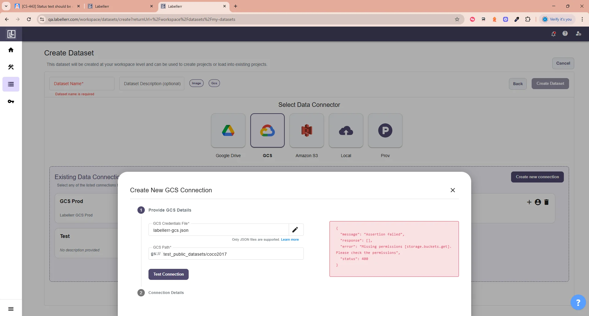 GCS test connection error
