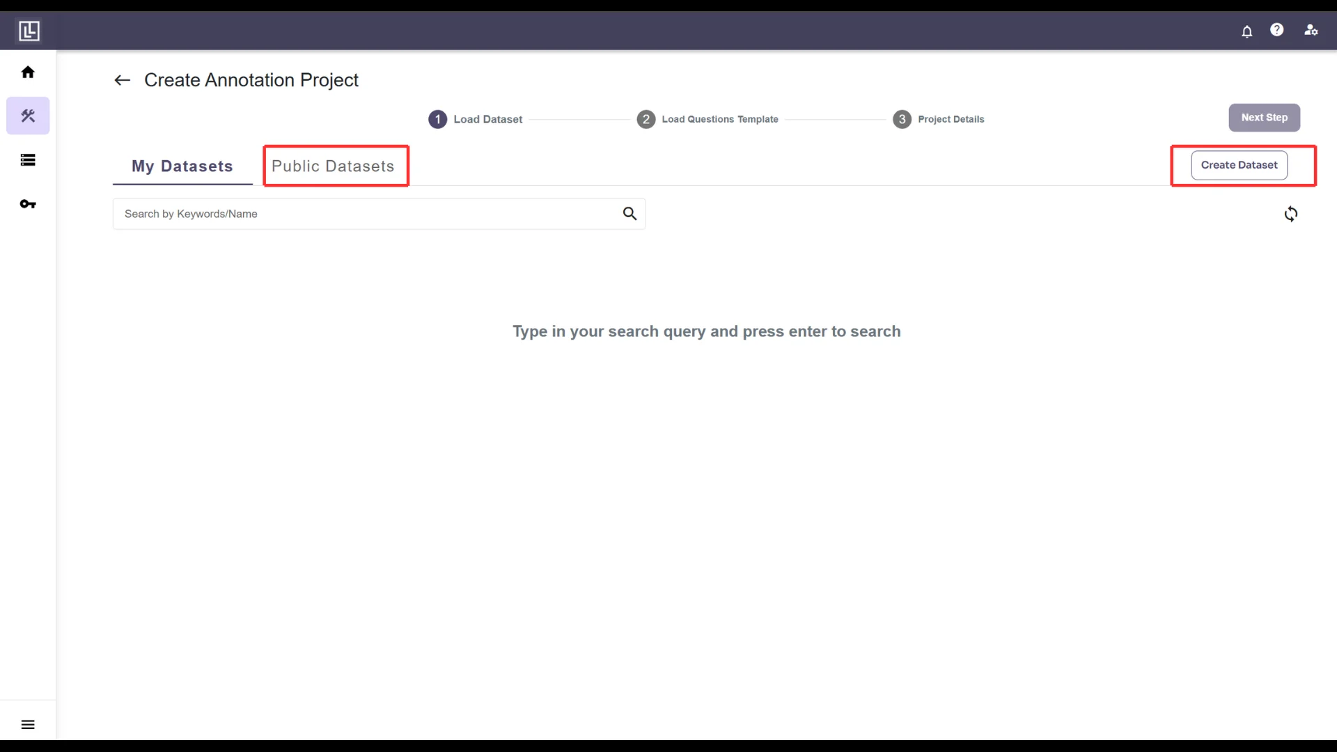 Create dataset screen