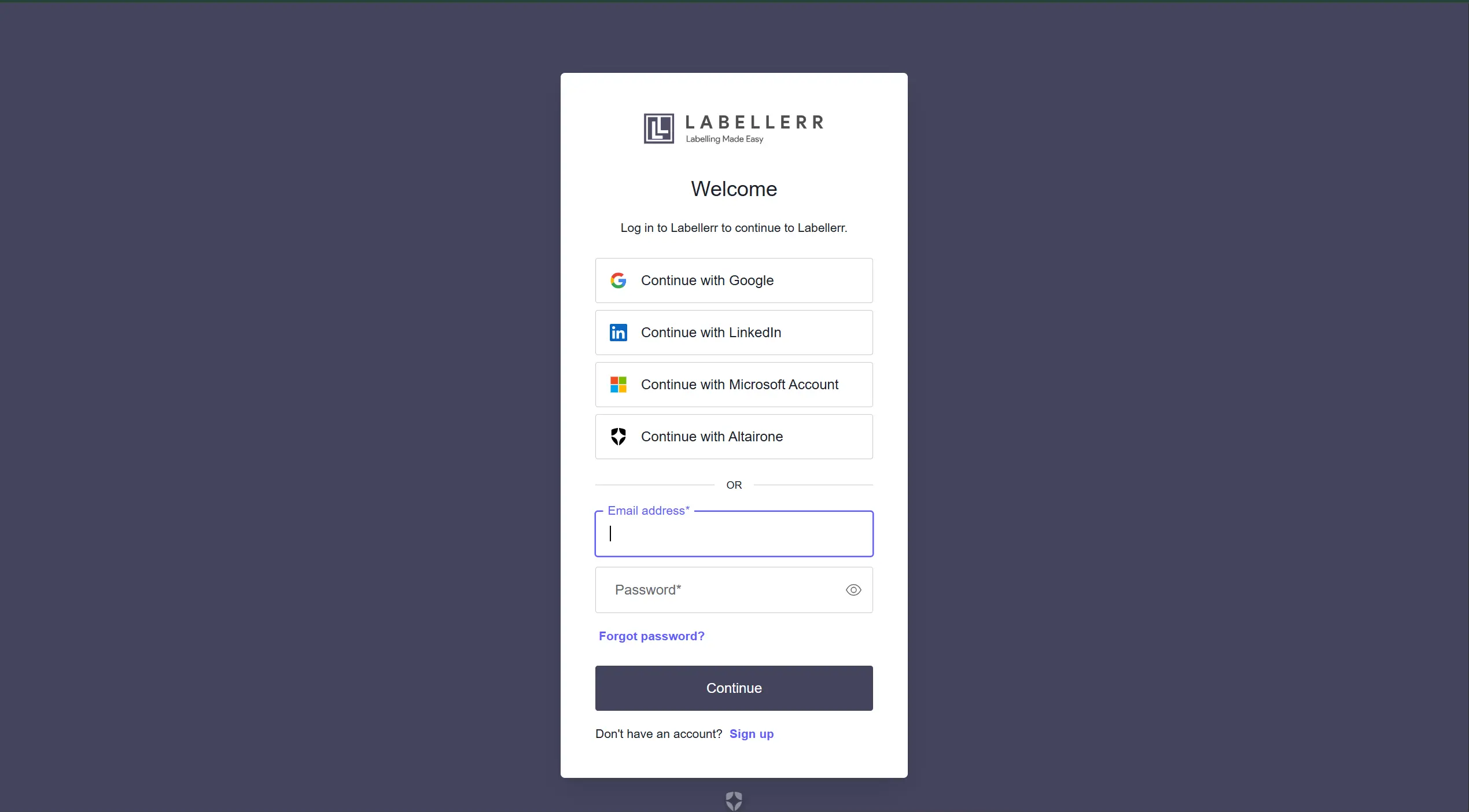 Sign up screen