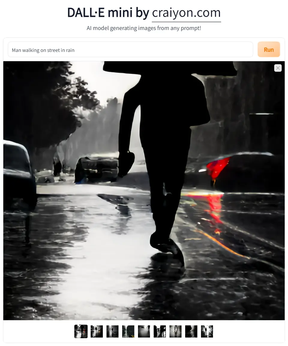 Figure: Image of “Man walking on the street in the rain” using Hugging Face’s Dalle model